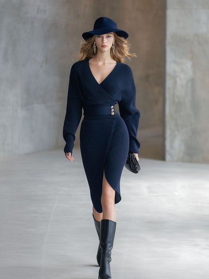 Robe Midi Élégante en Tricot Bleu Marine à Décolleté en V