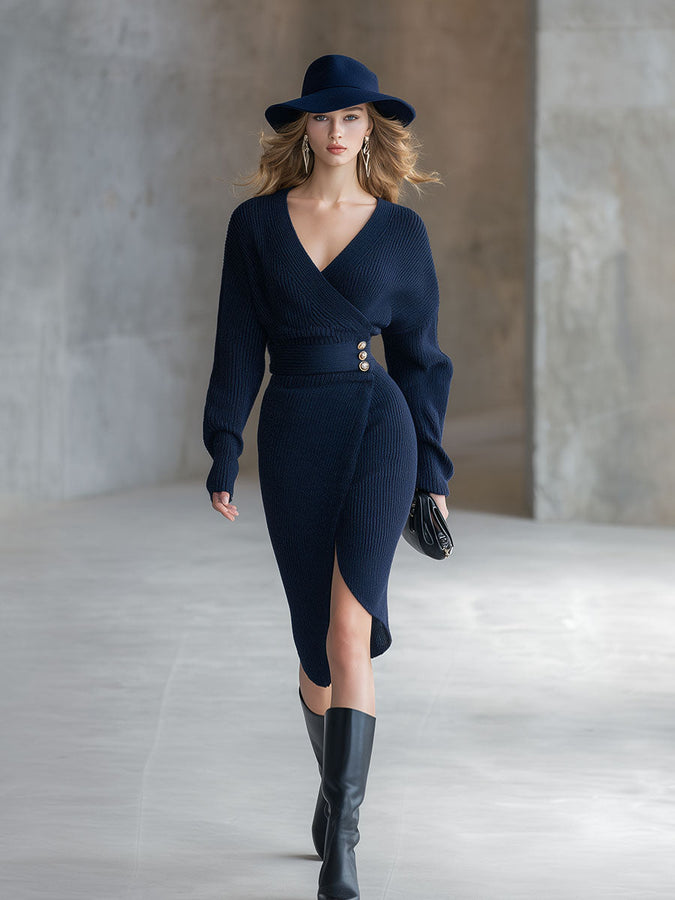 Robe Midi Élégante en Tricot Bleu Marine à Décolleté en V