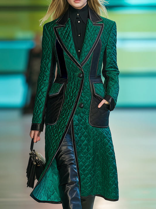 Chic Manteau Matelassé Vert Foncé avec Bord Noir