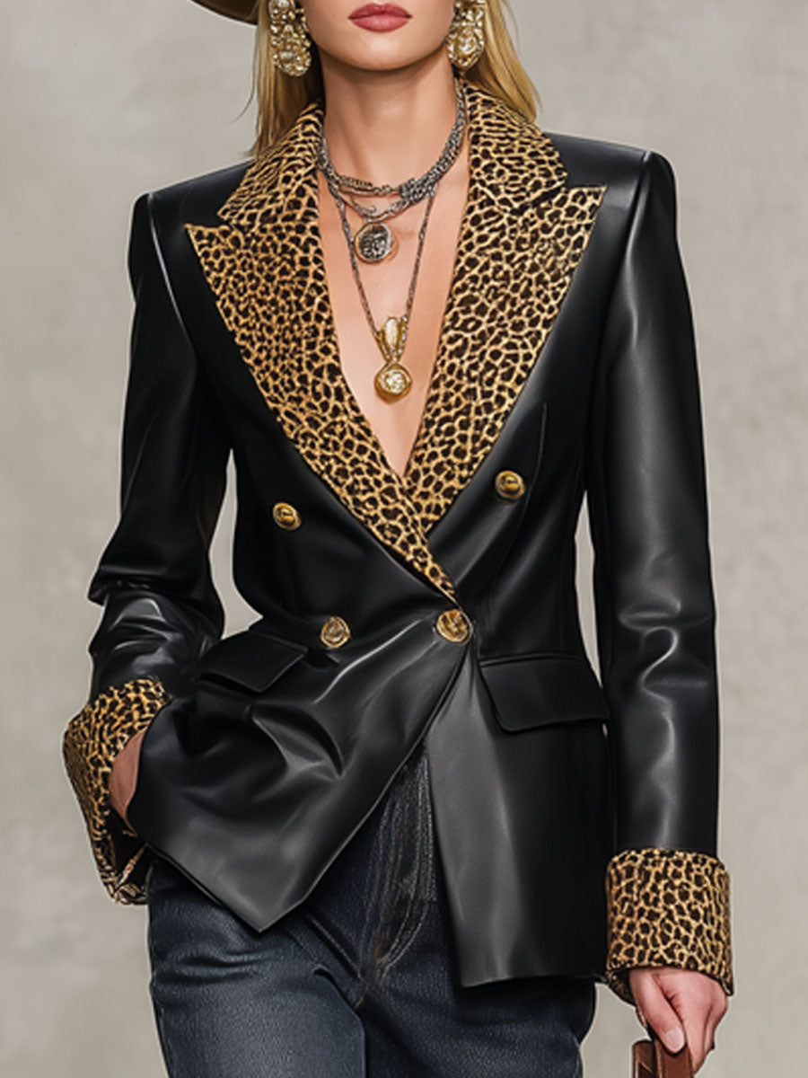 Blazer Casual en Simili Cuir avec Motif Léopard