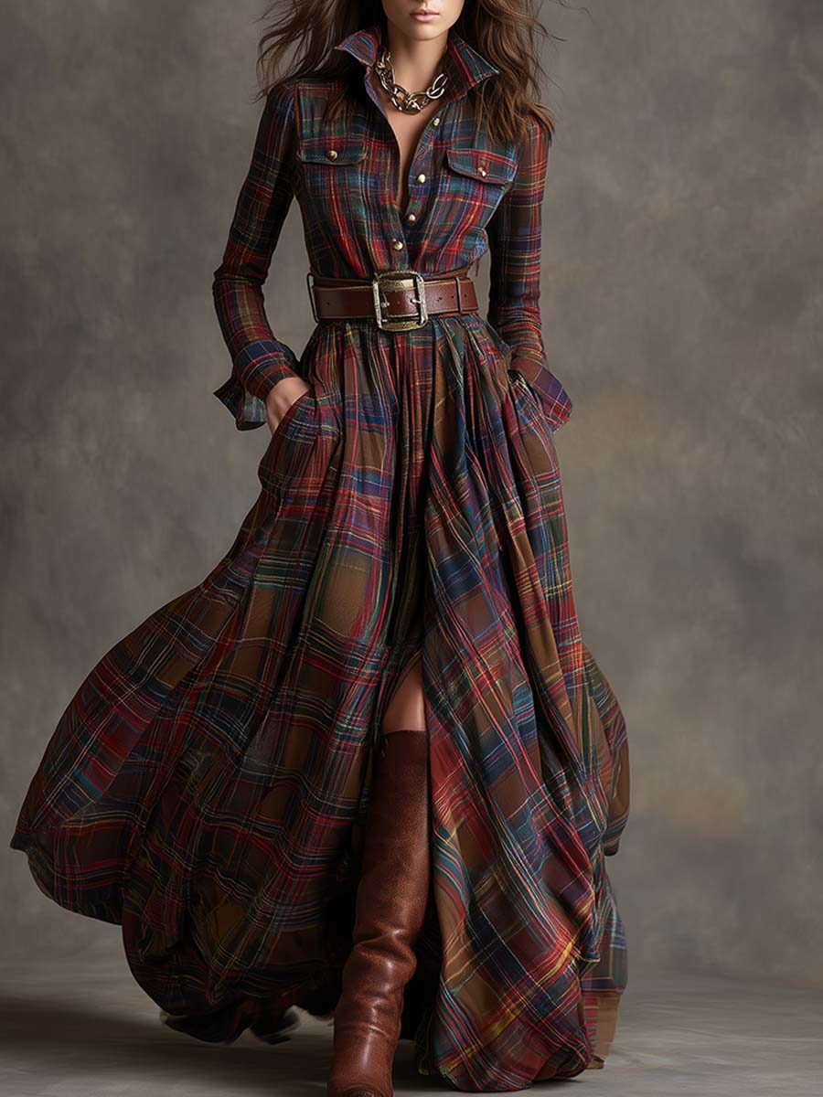 Robe Maxi Ethnique Rétro à Motifs Carreaux Marron et Rouge