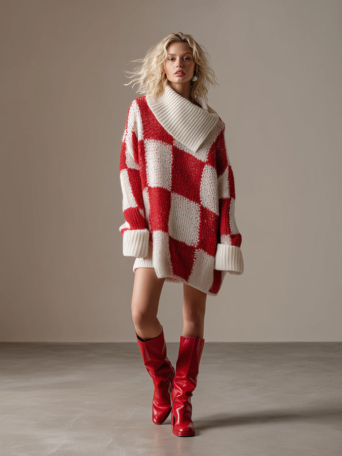 Robe Mini Tricotée à Col Asymétrique en Étoffe à Carreaux Rouges et Blancs