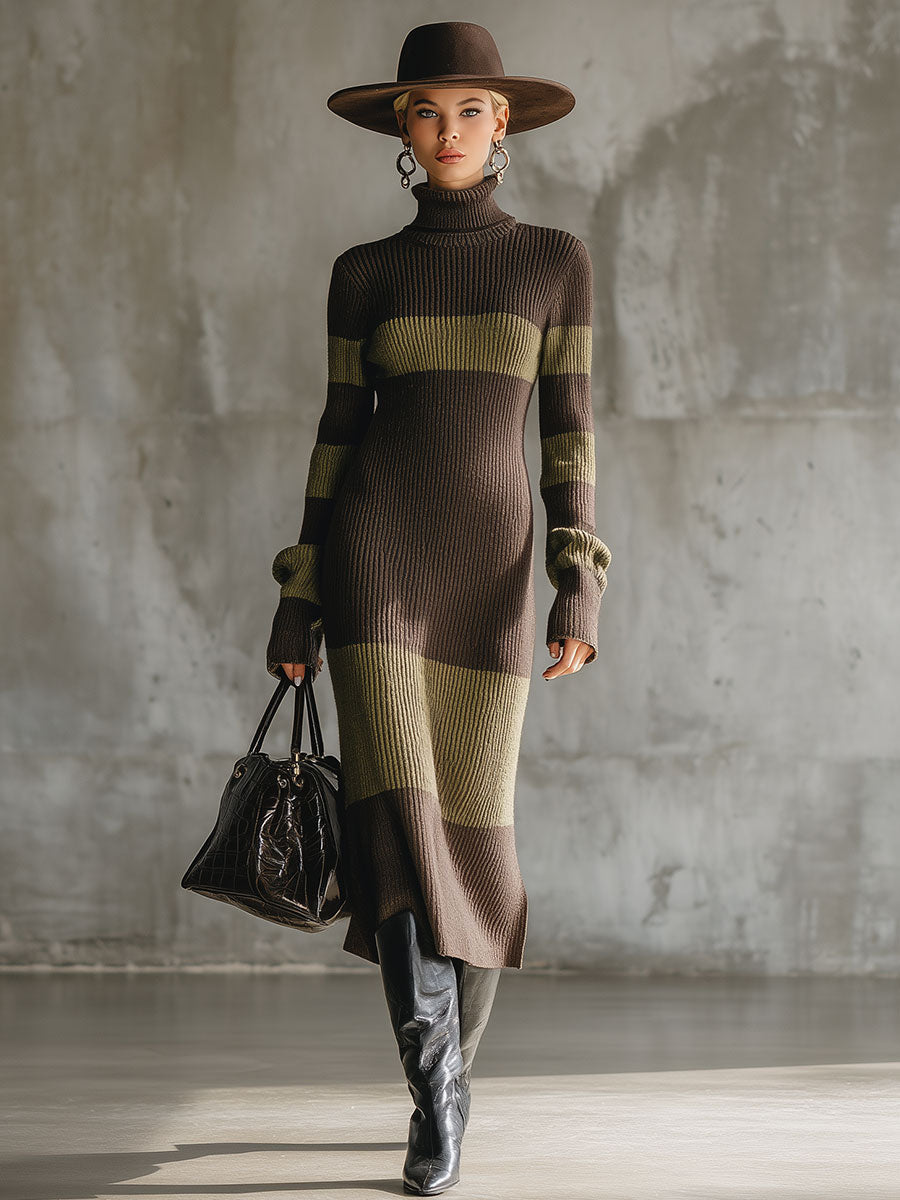 Robe Midi Tricotée Retro à Col Montant en Teintes Brun et Vert