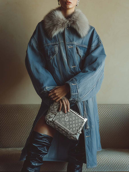 Veste mi-longue en denim bleu tendance avec col en fausse fourrure amovible