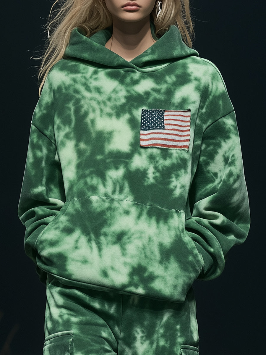 Pull à capuche personnalisé avec impression tie-dye verte et design tendance du drapeau américain