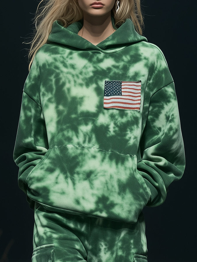 Pull à capuche personnalisé avec impression tie-dye verte et design tendance du drapeau américain