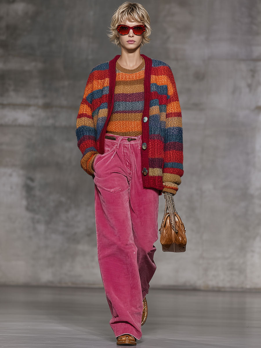 Cardigan Rayé Rétro à Boutons - Style Arc-en-Ciel