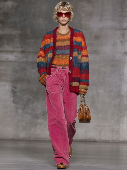 Cardigan Retro en Tricot à Rayures Arc-en-Ciel avec Boutons