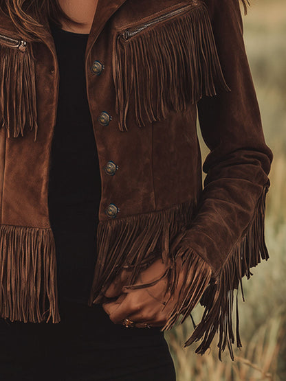 Veste en suède marron à zip, style western avec franges