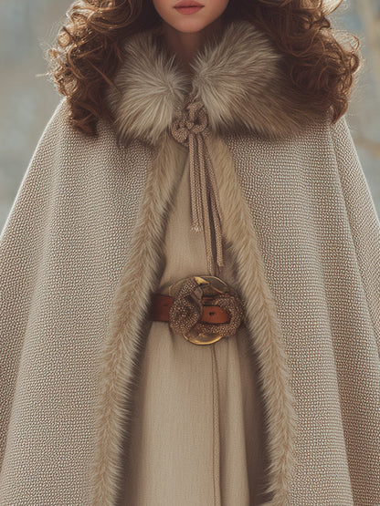 Élégant Manteau Cape Vintage en Velours Beige