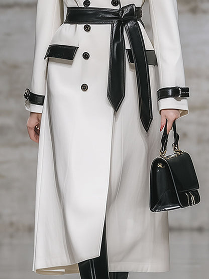Mi-Long Manteau en Simili Cuir avec Col Chic et Coutures Contrastées