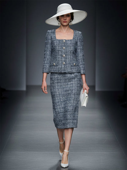 Ensemble Élégant : Veste Boutonnée à Col Carré en Tweed Bleu avec Jupe Coordonnée