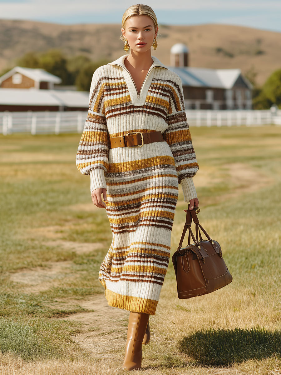 Robe Midi Rayée Tricotée Jaune et Marron avec Fermeture Éclair Mi-Saison