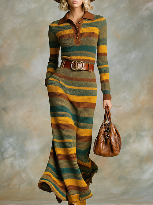 Robe Maxi Tricotée à Rayures Marron et Verte avec Détails Western Rétro