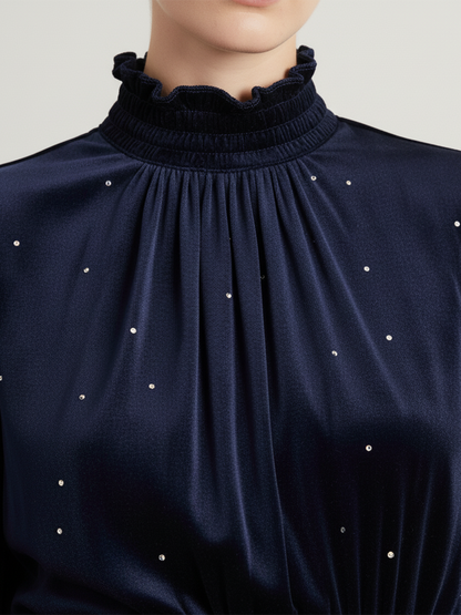 Robe Velours Chic avec Col Montant Étoilé - Élégance Rétro