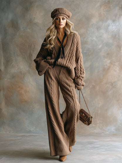 Ensemble Décontracté en Maille Torsadée Marron avec Pantalon à Jambes Larges