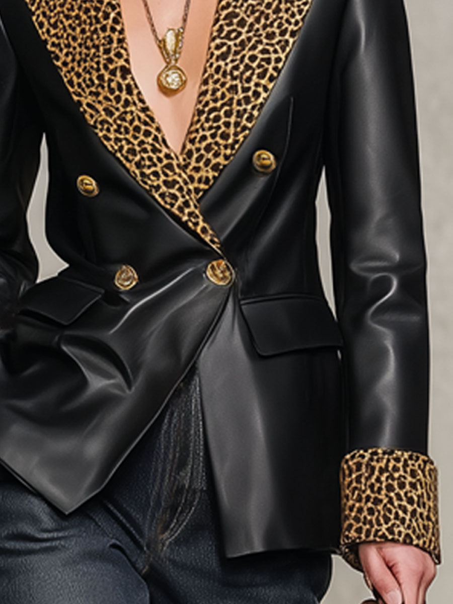 Blazer Casual en Simili Cuir avec Motif Léopard