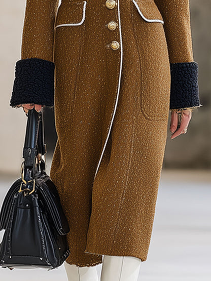 Long Manteau en Laine de Chameau avec Panneaux en Polaire Noire au Style Rétro et Ample