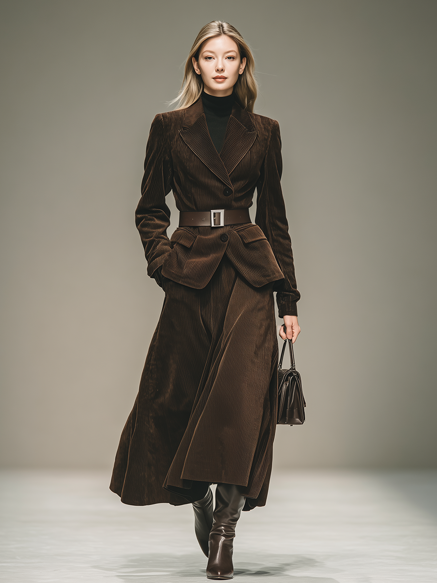 Ensemble Élégant en Velours Côtelé : Blazer et Jupe au Style Western Vintage