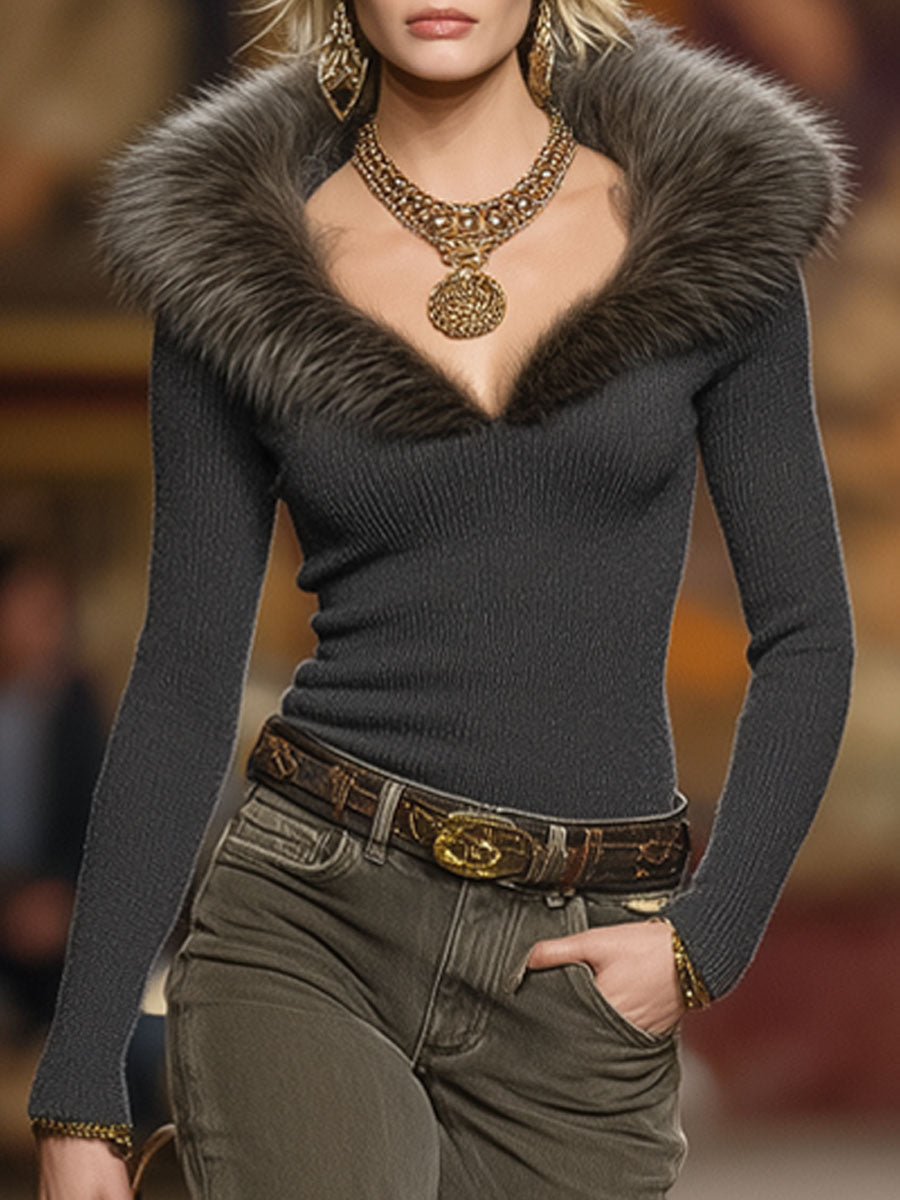 Pull V-Neck en Gris Foncé avec Col en Fausse Fourrure