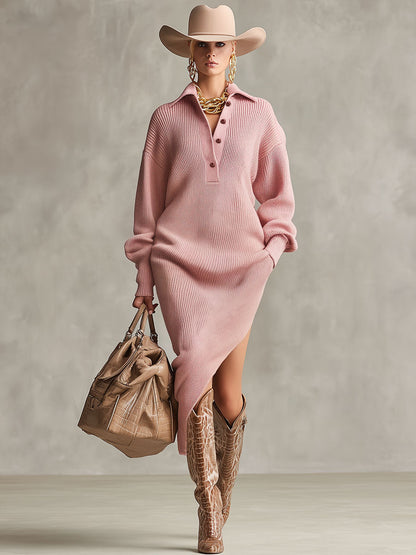Robe Midi Tricotée avec Col Revers, Mi-Ouvert, Fente Latérale et Poches Pratiques