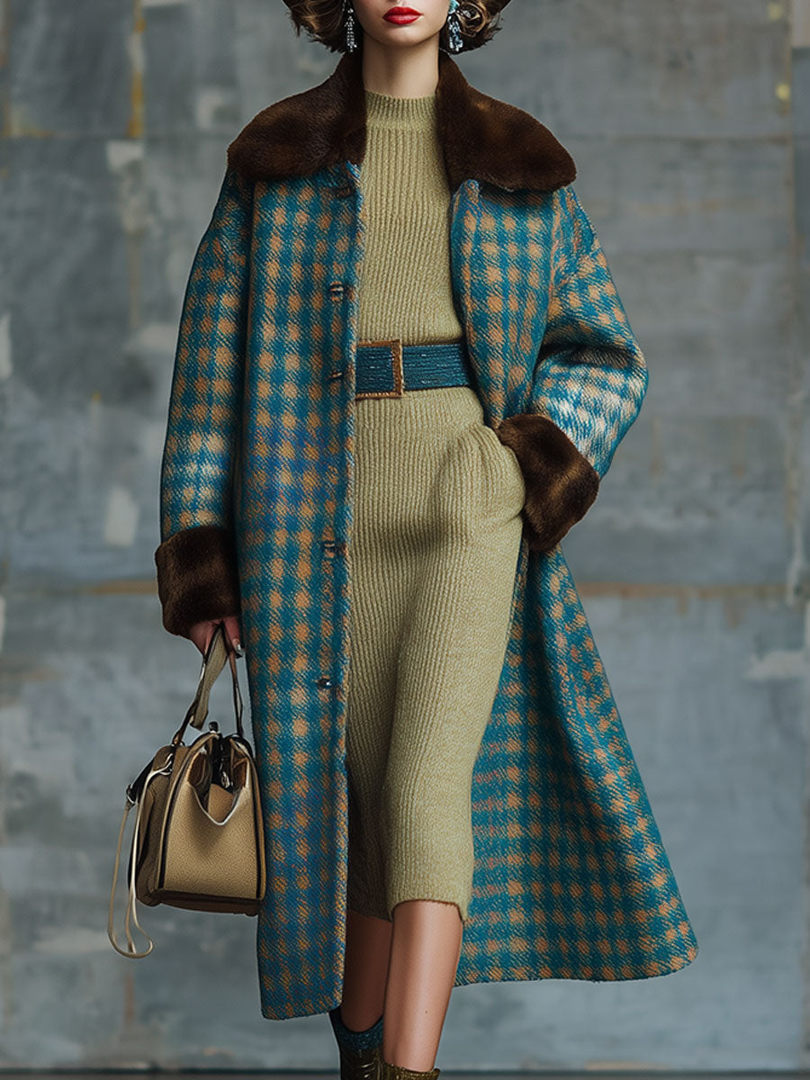 Veste en Laine à Motif Carreaux avec Col en Fourrure Vintage