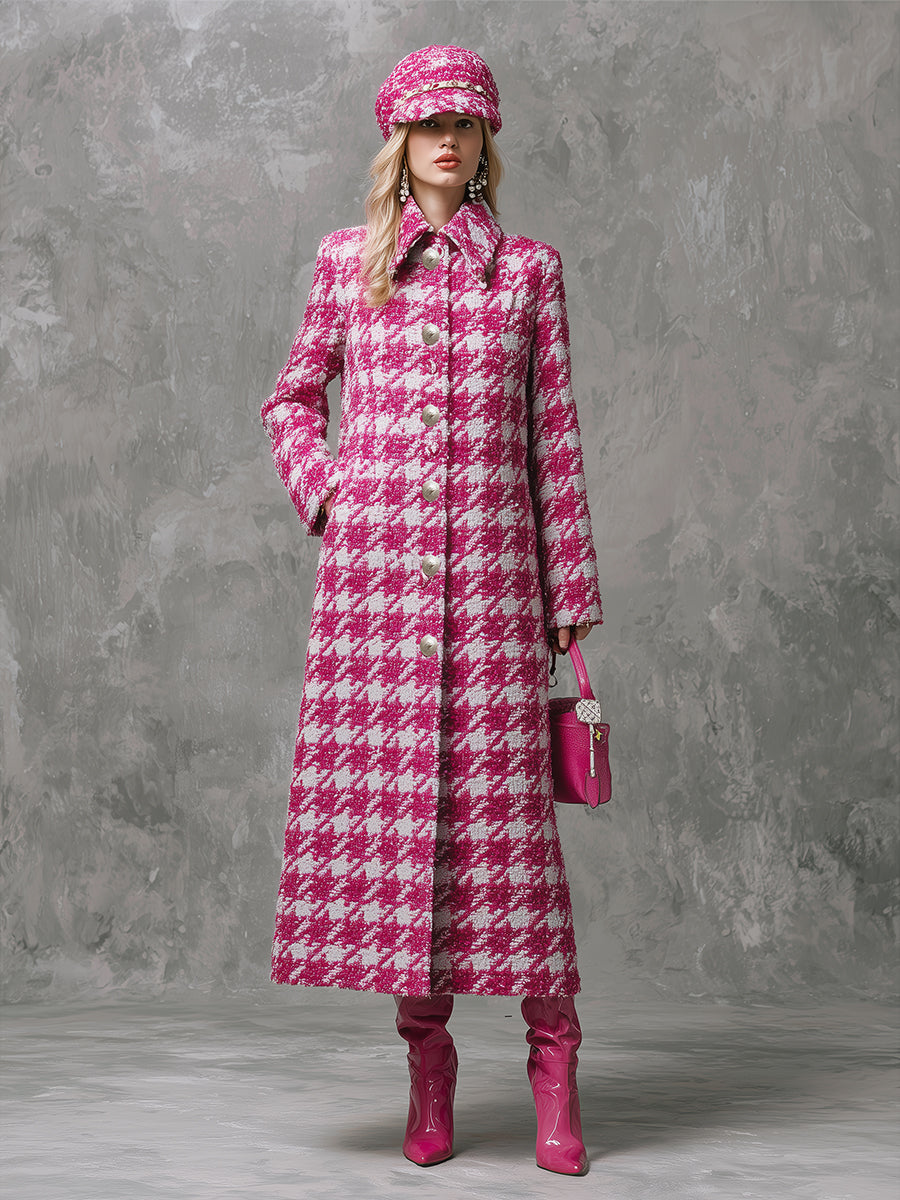 Veste Vintage Longue en Vichy Rose à Revers Ample