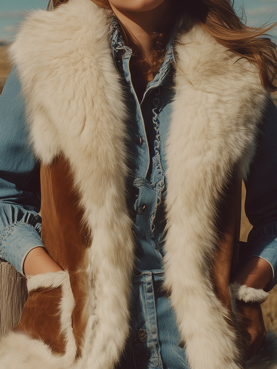 Veste Western en Suède Synthétique Marron avec Doublure en Fourrure de Lapin Écologique