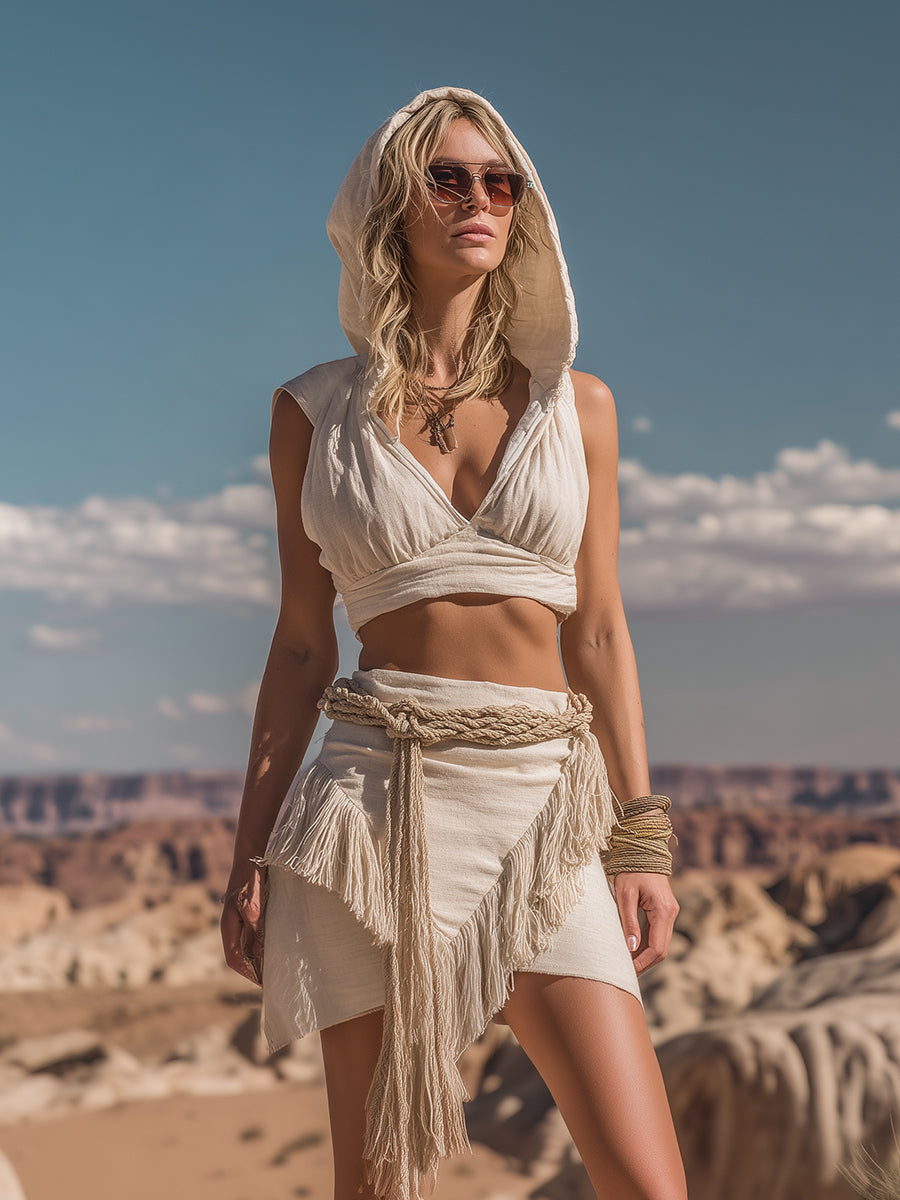 Expédition Rapide : Sweat à Capuche Rétro Chic avec Jupe Frangée en Coton et Lin Beige