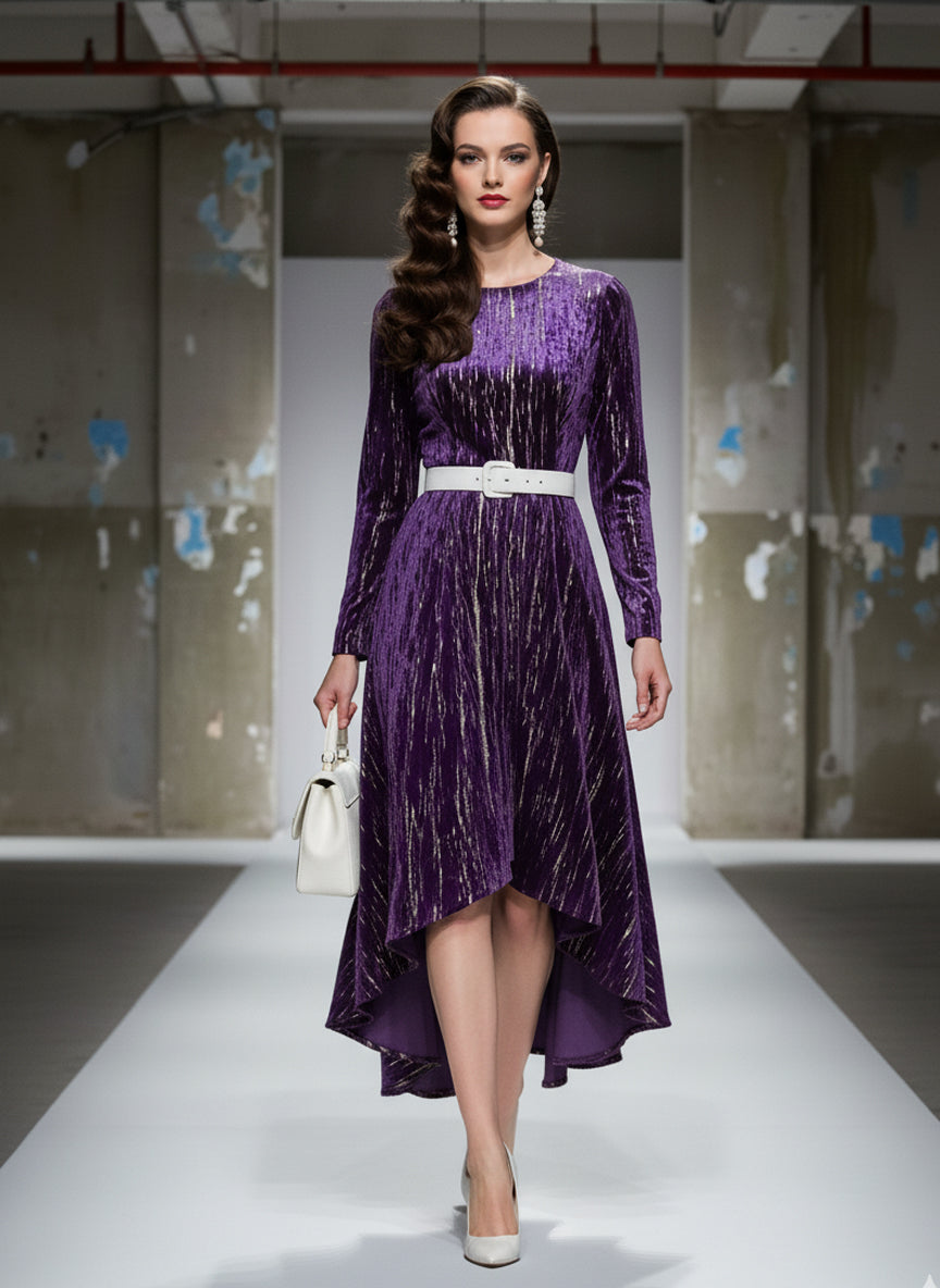 Robe Midi en Velours Violet Luxe à Col Rond - Jupe Longue et Courte avec Estampage Élégant