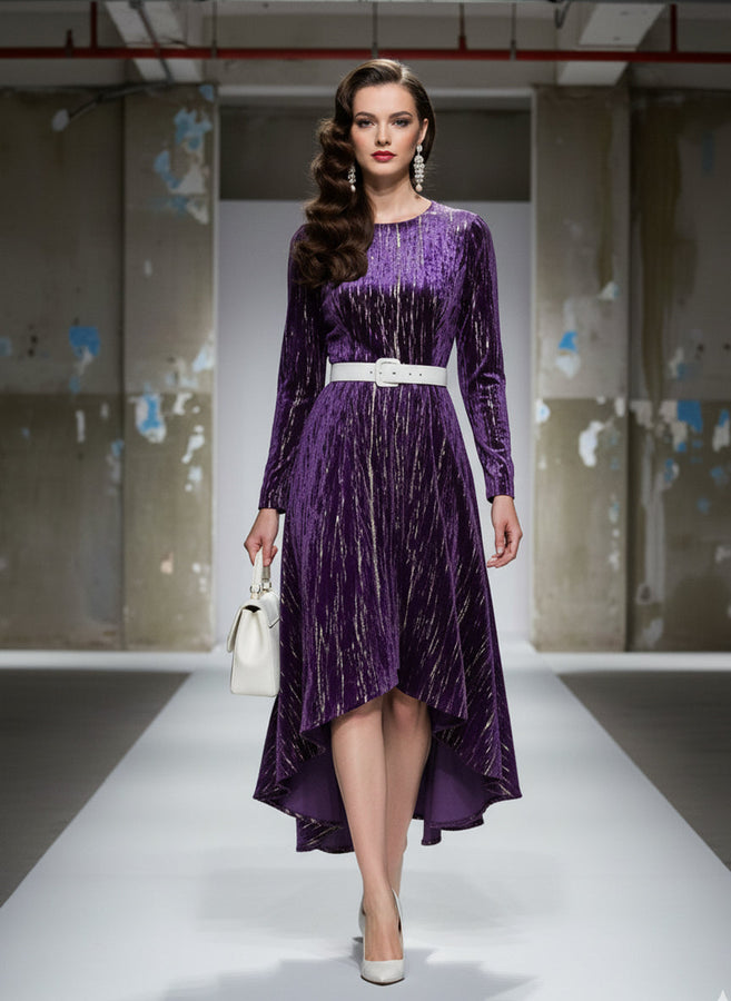 Robe Midi Luxe en Velours Violet avec Estampage à Chaud et Col Rond