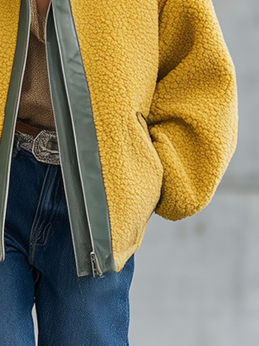 Veste Polaire Jaune avec Détails en PU - Style Nomade Urbain Rétro