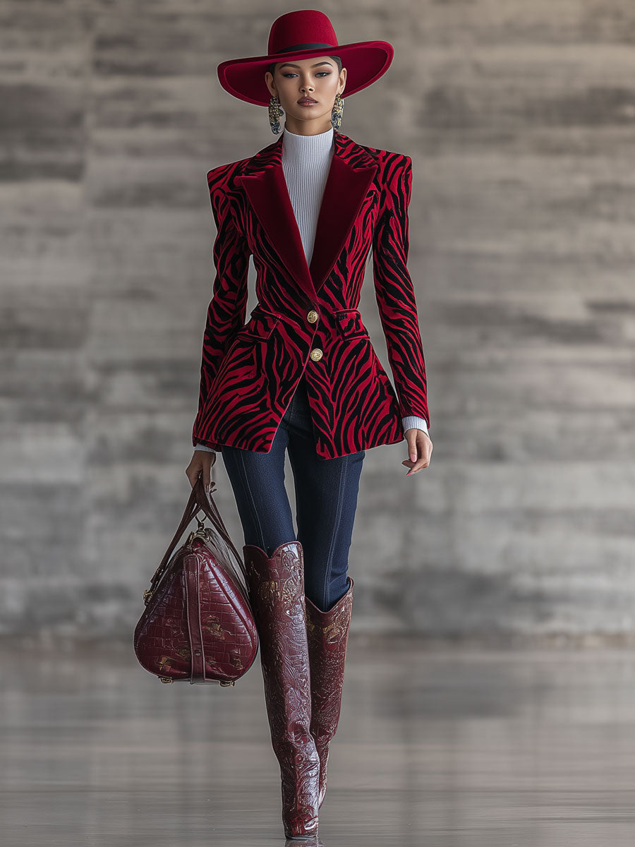 Veste Velours Rouge à Imprimé Zebra - Chic Urbain Rétro
