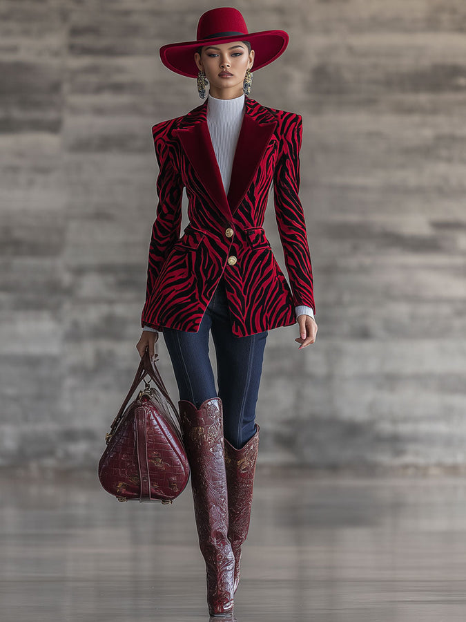 Veste en Velours Rouge à Motif Zèbre - Chic Nomade Urbain Rétro