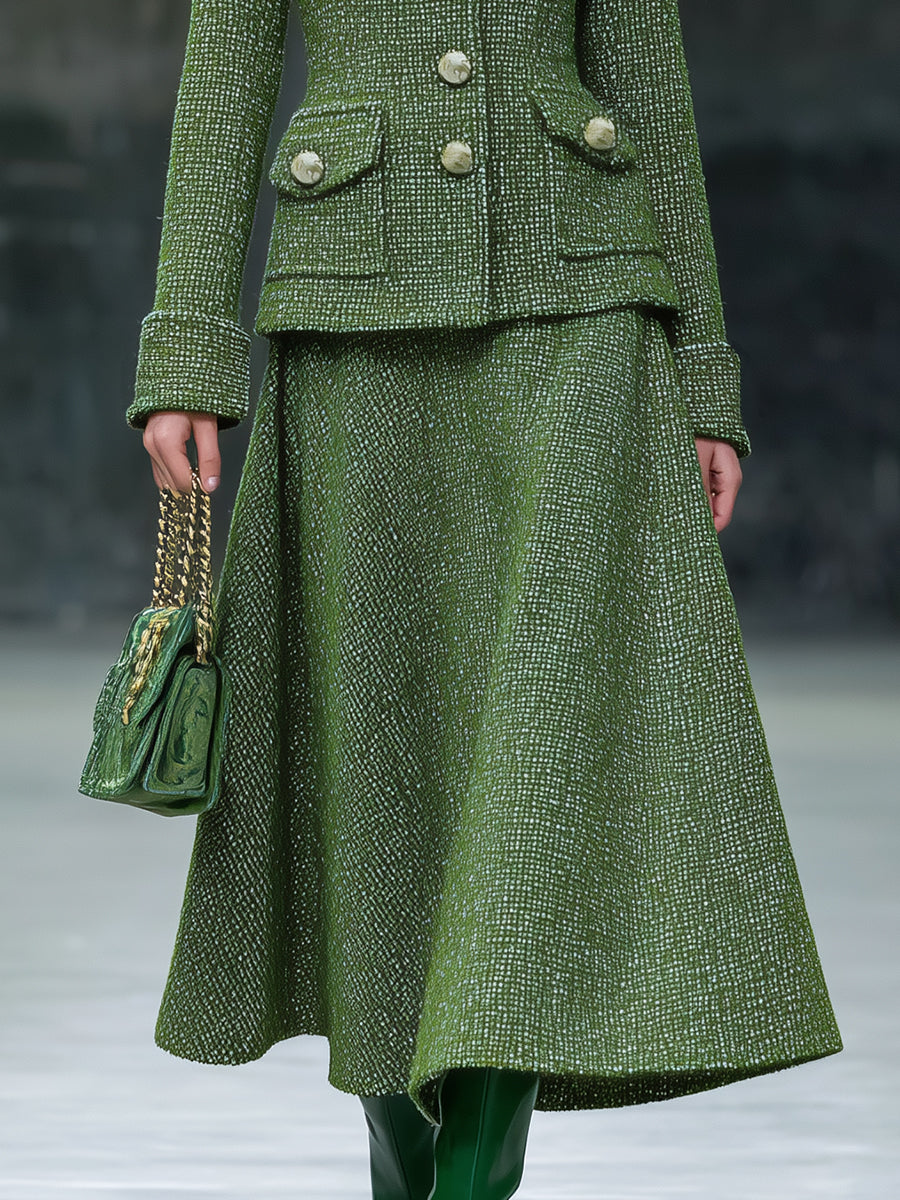 Ensemble Chic en Tweed avec Veste et Jupe, Orné d'un Col en Fourrure Synthétique Rétro