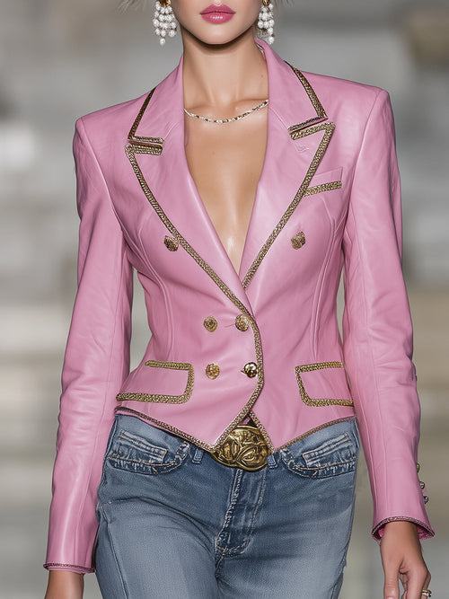 Blazer Rose en Similicuir avec Détails Dorés