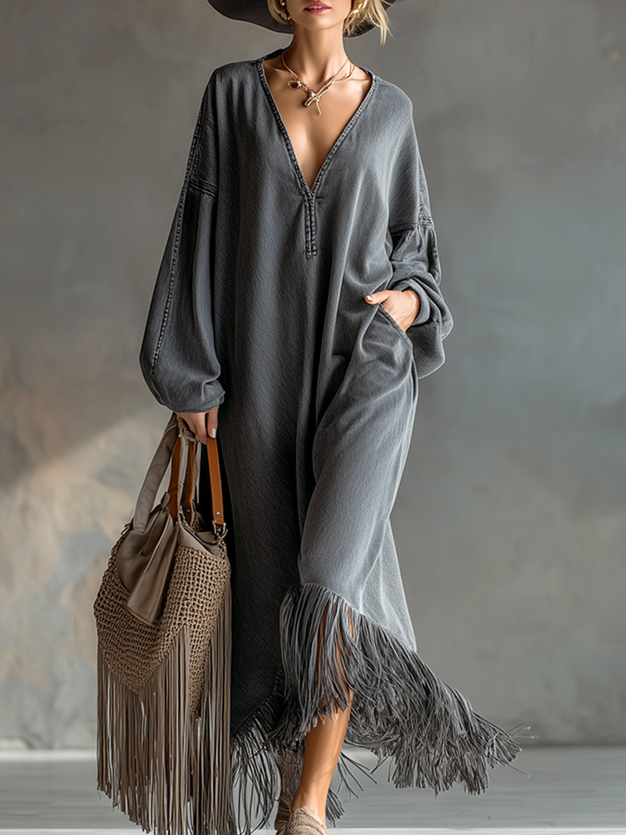 Élégante Robe Maxi Longue en Denim Gris à Manches Longues et Franges