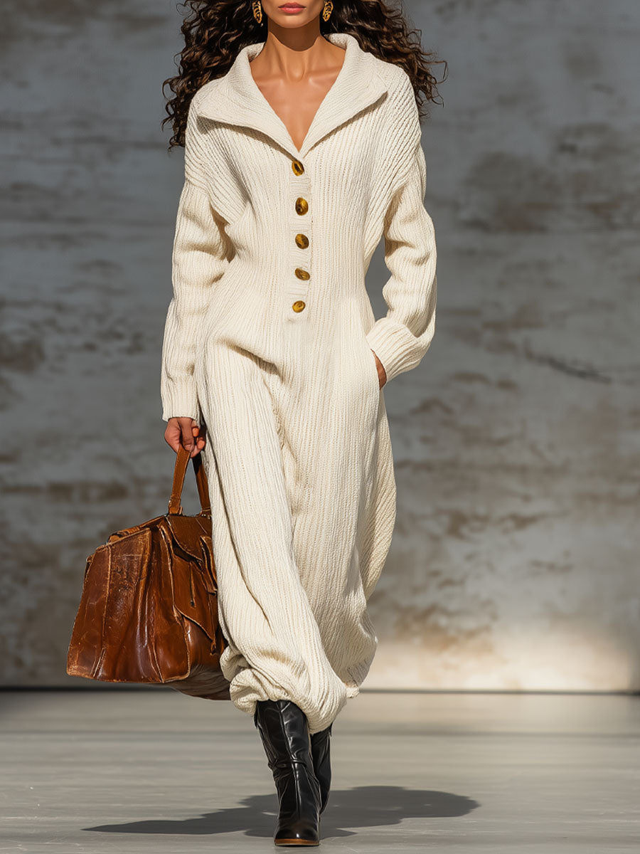 Combinaison Tricotée Élégante avec Col Revers et Boutons Décontractés