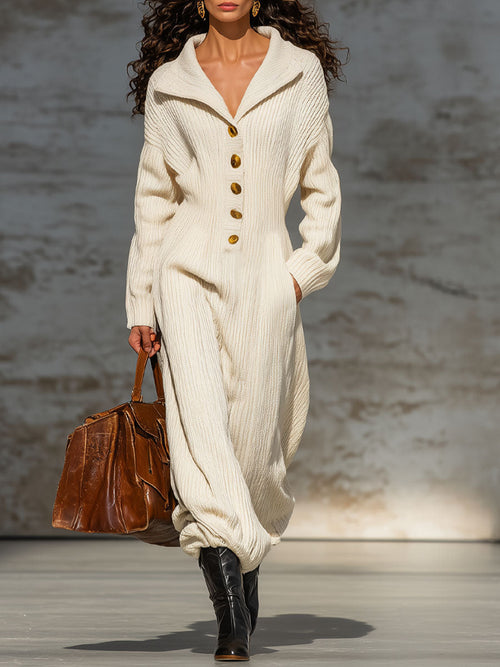 Combinaison Tricotée Chic avec Col Revers et Boutonnage Décontracté