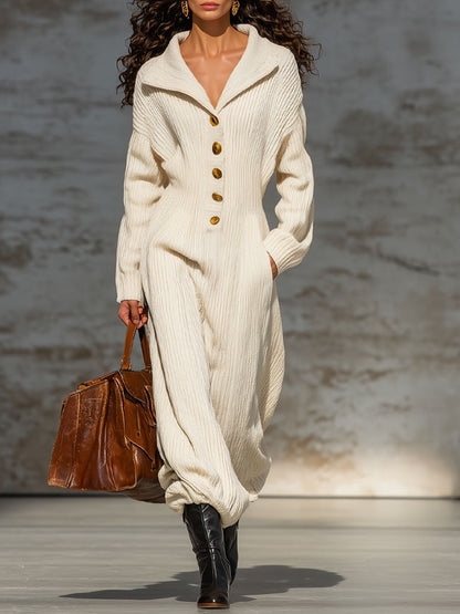 Combinaison Tricotée à Col Revers et Boutons - Style Décontracté et Élégant