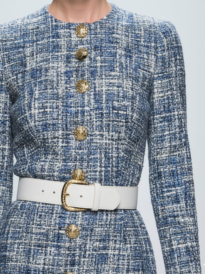 Maxi Robe Fishtail en Tweed Bleu avec Détails Boutonnés