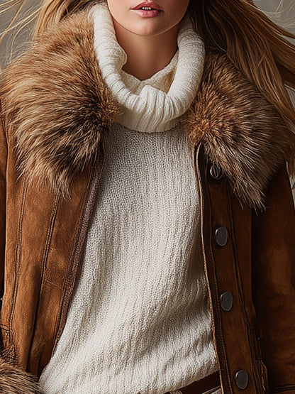 Veste Marron en Suède Synthétique avec Finition Vintage Western en Laine