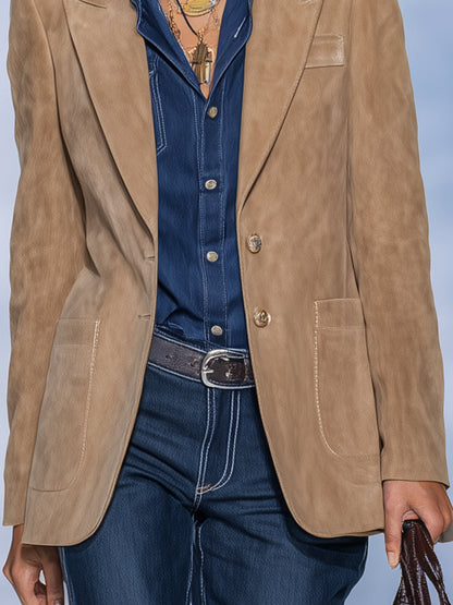 Veste Décontractée en Suédine Kaki au Style Vintage