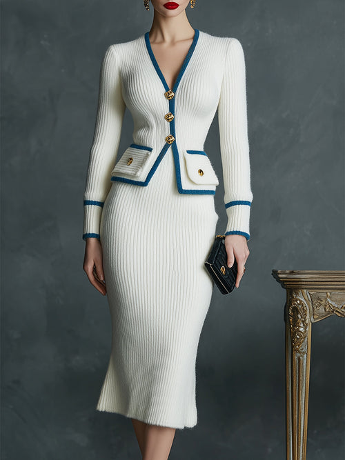 Ensemble Tricot Blanc : Cardigan et Jupe à Patches avec Détails en Boutons Bleus