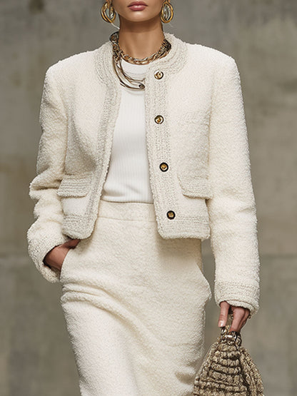 Ensemble Polaire Chic : Veste à Col Rond et Jupe Coordonnée