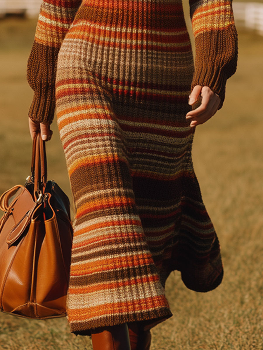 Robe Midi Tricotée à Rayures Rouge et Marron avec Demi-Fermeture Éclair
