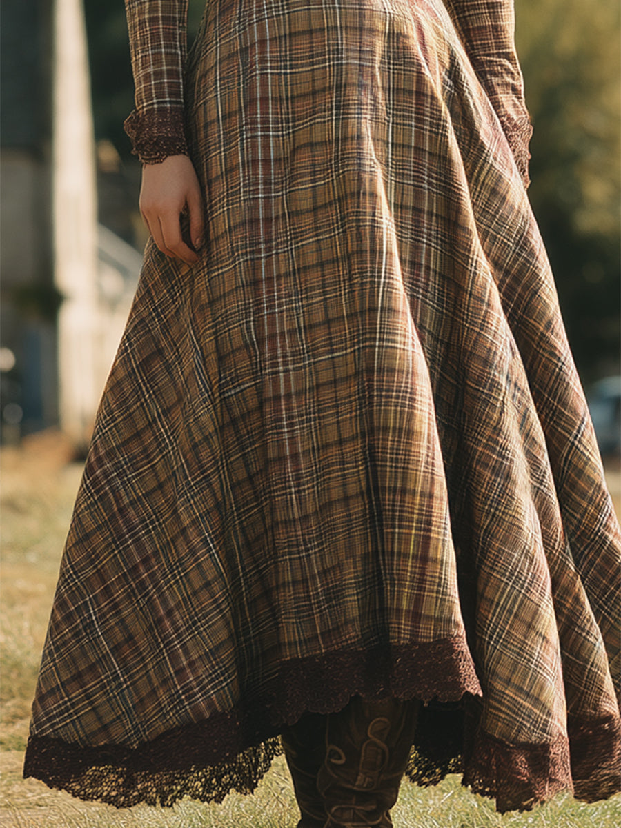 Robe Maxi V-Neck en Dentelle à Motif Carreaux - Teinte Marron Époustouflante