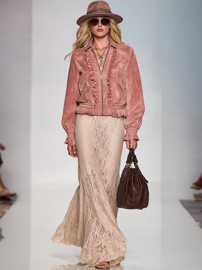 Veste Vintage en Rose Suédé Synthétique avec Détails Volants