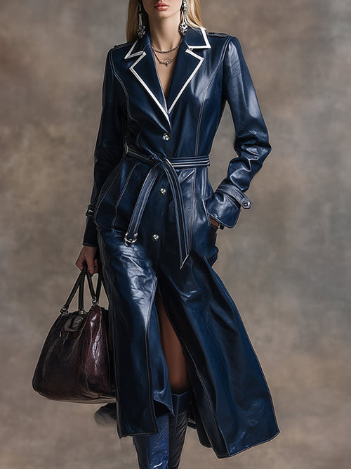 Veste Longue en PU Marine avec Ourlet Contrasté au Style Rétro et Tendance