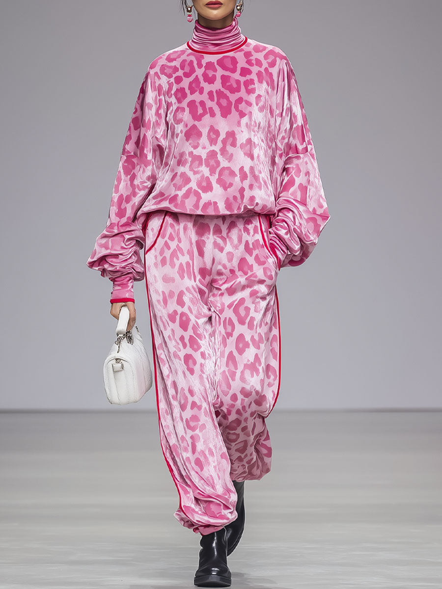 Ensemble Velours Léopard Rose : T-shirt Col Roulé à Manches Longues et Pantalon